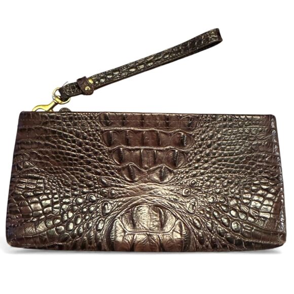 Brahmin Large Wristlet Clutch Purse Croc Embossed Leather Brown Vintage - Picture 2 of 8